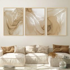 Abstract Bohemian Beige Golden Liquid Marble Wall Art Pictures For Modern Chic Living Room