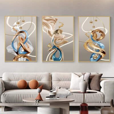 Auspicious Abstract Golden Dear Landscape Wall Art Pictures For Modern Luxury Living Room