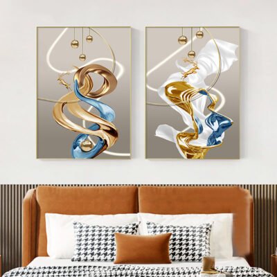 Auspicious Abstract Golden Dear Landscape Wall Art Pictures For Modern Luxury Living Room