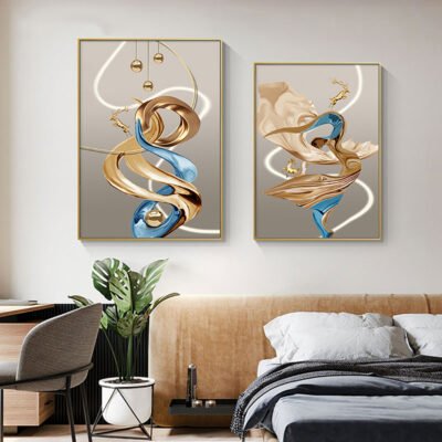 Auspicious Abstract Golden Dear Landscape Wall Art Pictures For Modern Luxury Living Room