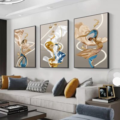 Auspicious Abstract Golden Dear Landscape Wall Art Pictures For Modern Luxury Living Room