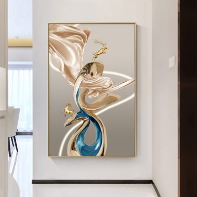 Auspicious Abstract Golden Dear Landscape Wall Art Pictures For Modern Luxury Living Room