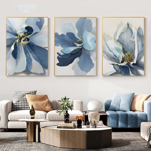 Big Blue Abstract Floral Wall Art Fine Art Canvas Prints Pictures For Modern Apartment Living Room