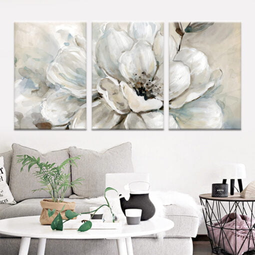 Big White Beige Floral Wall Art Abstract Botanical Pictures For Modern Apartment Living Room