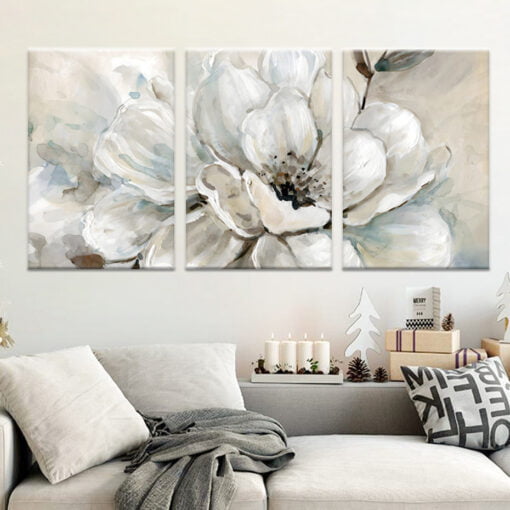 Big White Beige Floral Wall Art Abstract Botanical Pictures For Modern Apartment Living Room