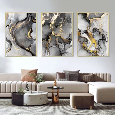 Black Golden Marble Abstract Wall Art Pictures For Luxury Living Room Studio Salon Art Decor