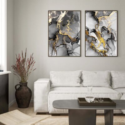 Black Golden Marble Abstract Wall Art Pictures For Luxury Living Room Studio Salon Art Decor