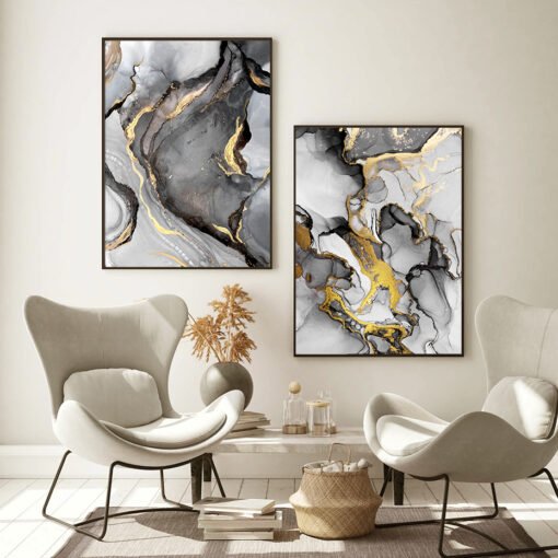 Black Golden Marble Abstract Wall Art Pictures For Luxury Living Room Studio Salon Art Decor