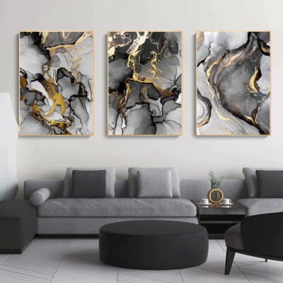 Black Golden Marble Abstract Wall Art Pictures For Luxury Living Room Studio Salon Art Decor