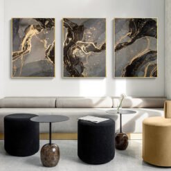 Black Gray Golden Liquid Marble Print Wall Art Chic Abstract Pictures For Luxury Living Room