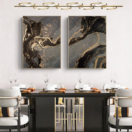 Black Gray Golden Liquid Marble Print Wall Art Chic Abstract Pictures For Luxury Living Room