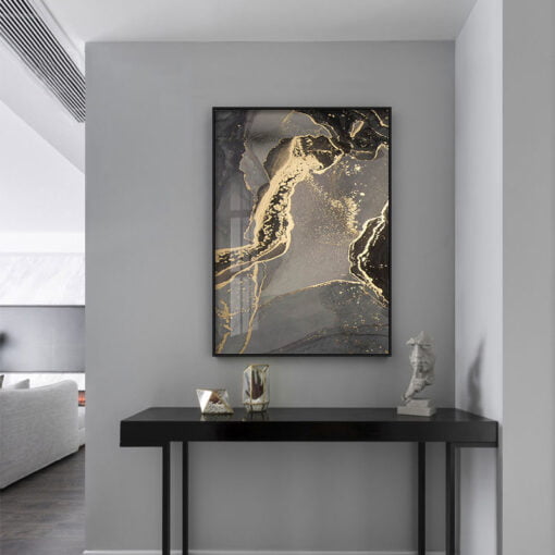 Black Gray Golden Liquid Marble Print Wall Art Chic Abstract Pictures For Luxury Living Room