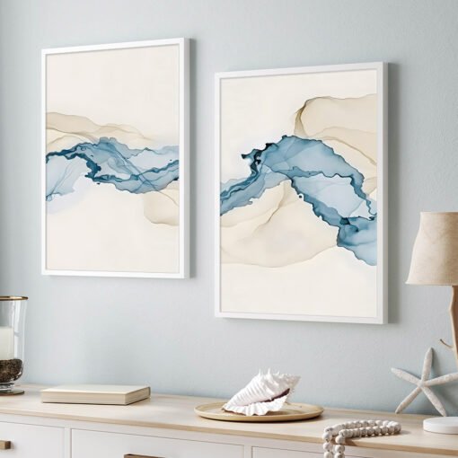 Blue Water Vapor Minimalist Abstract Watercolor Wall Art Fine Art Canvas Prints For Modern Home Decor
