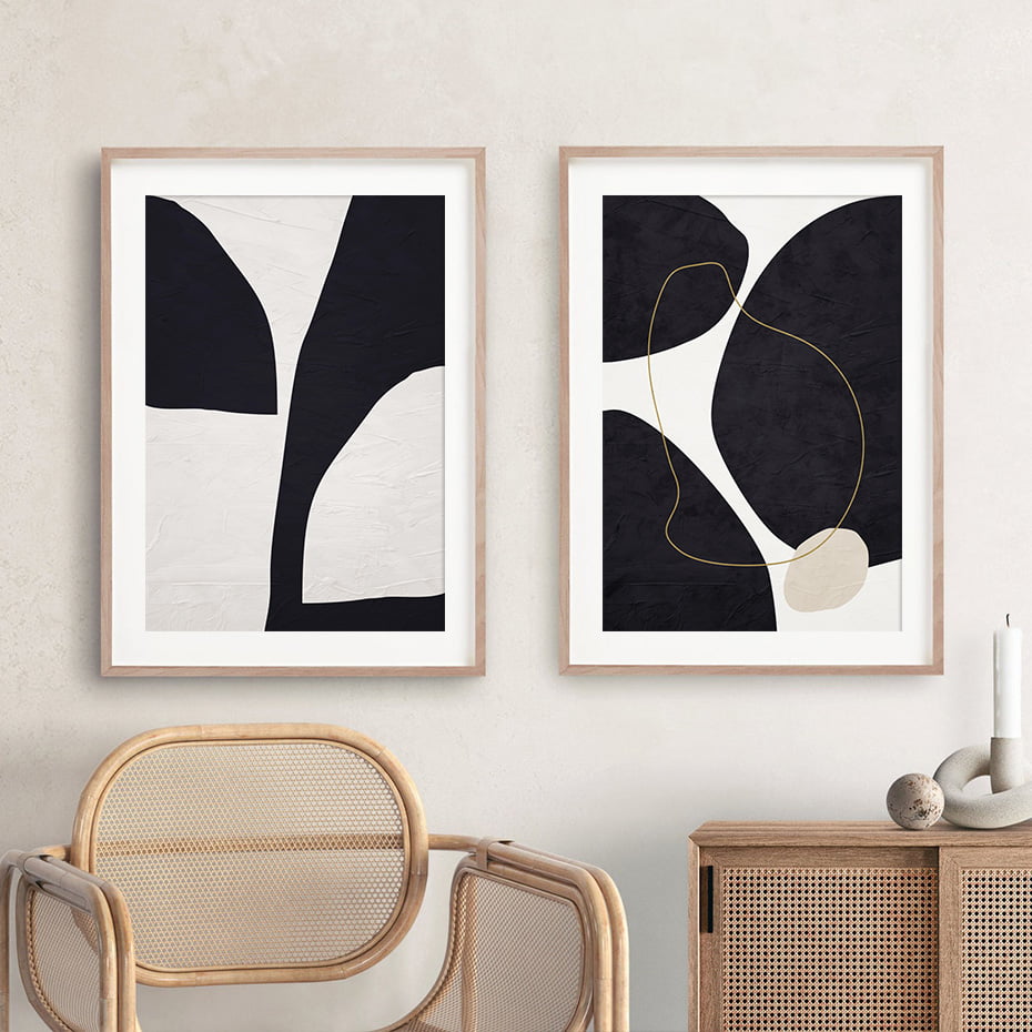 Bold Black Beige Modern Abstract Minimalist Wall Art Pictures For Modern Loft Living Room