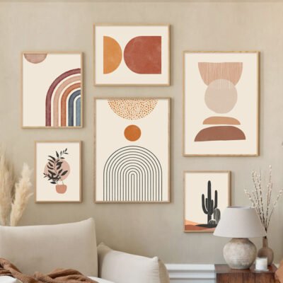 Cactus Terracotta Abstract Bohemian Minimalist Gallery Wall Art Pictures For Modern Living Room Decor