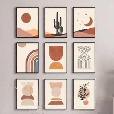 Cactus Terracotta Abstract Bohemian Minimalist Gallery Wall Art Pictures For Modern Living Room Decor