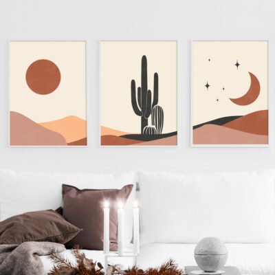 Cactus Terracotta Abstract Bohemian Minimalist Gallery Wall Art Pictures For Modern Living Room Decor