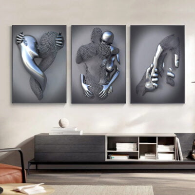 Cyborg Lovers Modern Metallic 3d Design Figure Art Fine Art Canvas Prints For Urban Loft Decor