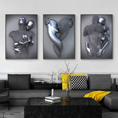 Cyborg Lovers Modern Metallic 3d Design Figure Art Fine Art Canvas Prints For Urban Loft Decor