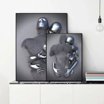 Cyborg Lovers Modern Metallic 3d Design Figure Art Fine Art Canvas Prints For Urban Loft Decor