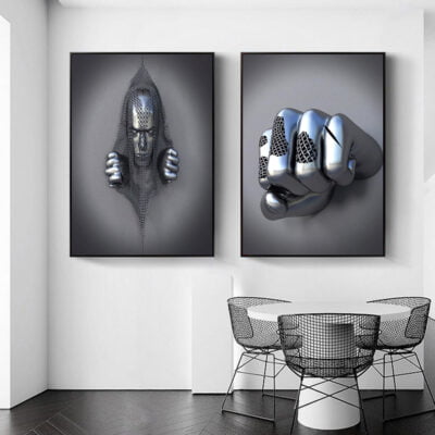 Cyborg Lovers Modern Metallic 3d Design Figure Art Fine Art Canvas Prints For Urban Loft Decor