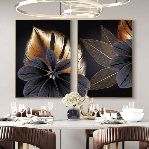 Exotic Abstract Botanical Black Golden Leaves Wall Art Fine Art Canvas Prints For Luxury Living Room