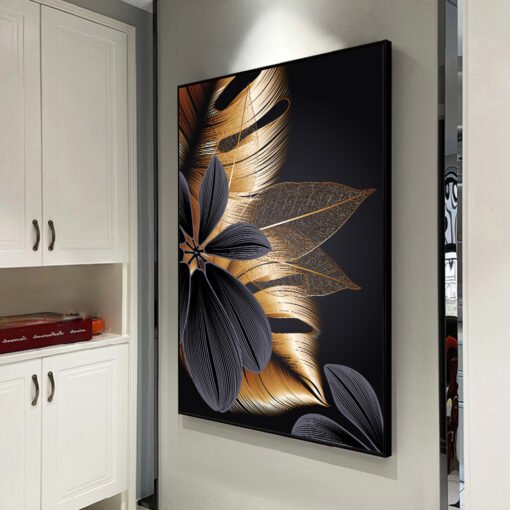 Exotic Abstract Botanical Black Golden Leaves Wall Art Fine Art Canvas Prints For Luxury Living Room