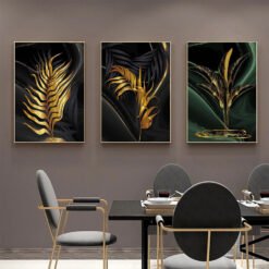 Exotic Tropical Green Black Golden Leaves Wall Art Abstract Botanical Pictures For Living Room