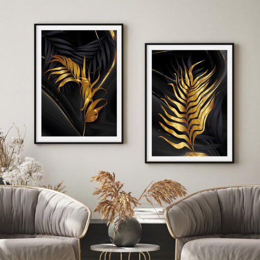 Exotic Tropical Green Black Golden Leaves Wall Art Abstract Botanical Pictures For Living Room