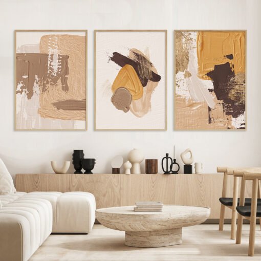 Fashion Abstract Contemporary Wall Art Thick Brush Beige Brown Terracotta Pictures For Living Room