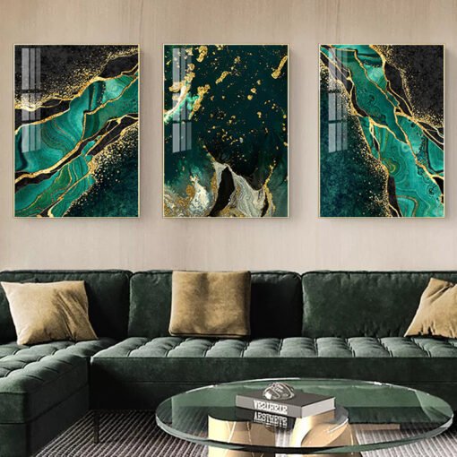 Jade Green Golden Agate Marble Print Wall Art Pictures For Luxury Living Room Home Office Decor
