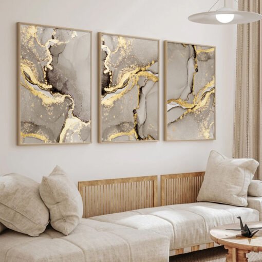 Modern Abstract Beige Golden Liquid Marble Print Wall Art Chic Pictures For Living Room Decor