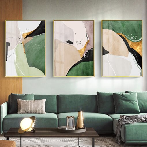 Modern Abstract Beige Green Golden Marble Print Wall Art Pictures For Luxury Apartment Living Room