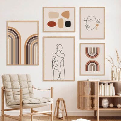 Modern Abstract Beige Terracotta Neutral Color Figure Art Gallery Wall Art Pictures For Living Room