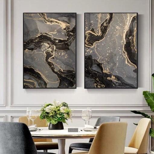 Modern Abstract Black Golden Marble Print Wall Art Fine Art Canvas Prints For Luxury Living Room