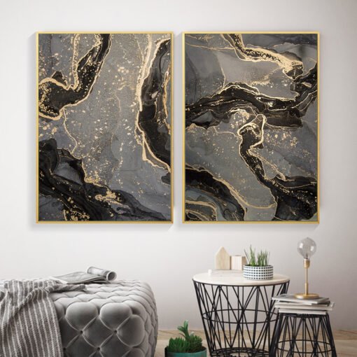 Modern Abstract Black Golden Marble Print Wall Art Fine Art Canvas Prints For Luxury Living Room