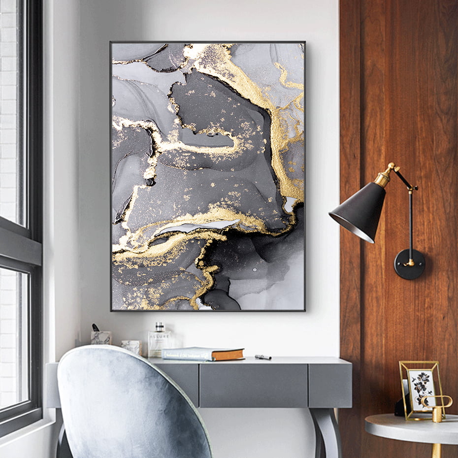 Modern Abstract Black Gray Golden Liquid Marble Print Wall Art Pictures For Living Room Decor