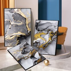 Modern Abstract Black Gray Golden Liquid Marble Print Wall Art Pictures For Living Room Decor