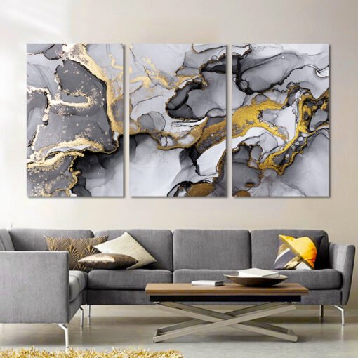 Modern Abstract Black Gray Golden Liquid Marble Print Wall Art Pictures For Living Room Decor