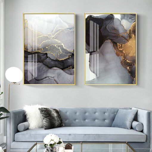 Modern Abstract Golden Grey Liquid Marble Designer Wall Art Fine Art Canvas Prints For Living Room