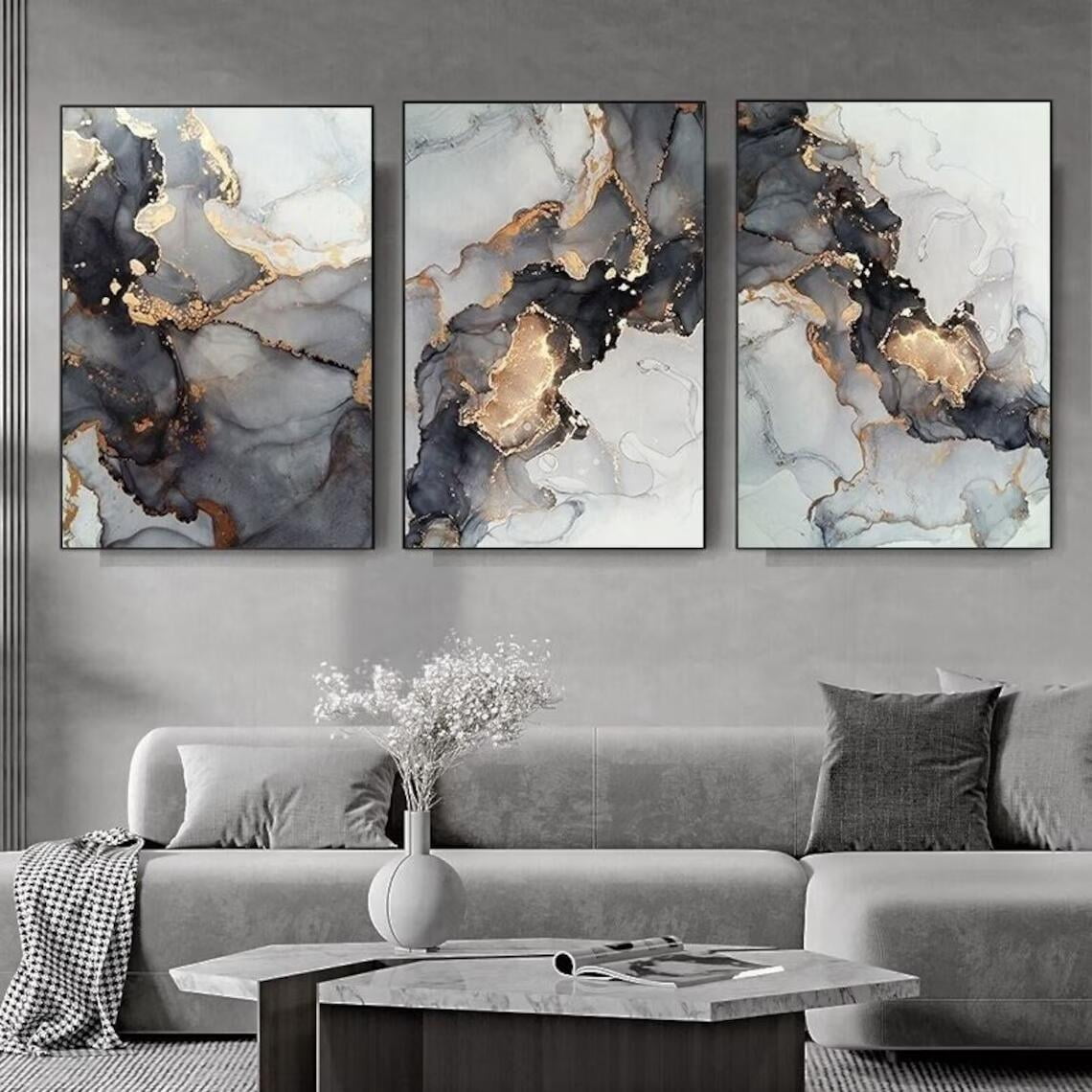 Modern Abstract Golden Grey Liquid Marble Designer Wall Art Fine Art Canvas Prints For Living Room