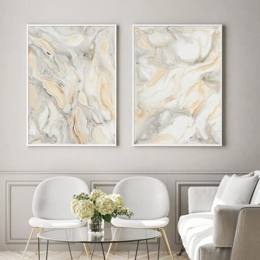 Modern Abstract Gray Beige Liquid Marble Wall Art Fine Art Canvas Prints For Living Room Decor