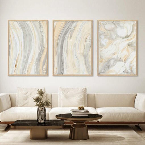 Modern Abstract Gray Beige Liquid Marble Wall Art Fine Art Canvas Prints For Living Room Decor