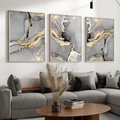 Modern Abstract Gray Golden Liquid Marble Print Fine Art Canvas Prints For Living Room Decor
