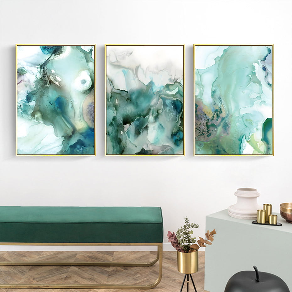 Modern Abstract Jade Green Liquid Marble Print Wall Art Pictures For Living Room Bedroom Art Decor