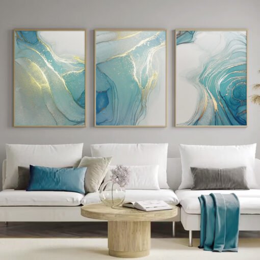 Modern Abstract Jade Green Turquoise Liquid Marble Print Wall Art Pictures For Living Room Decor