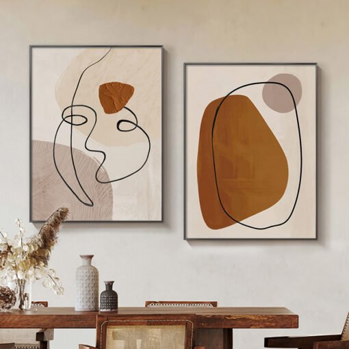 Modern Abstract Neutral Colors Line Art Portrait Wall Art Pictures For Contemporary Living Room