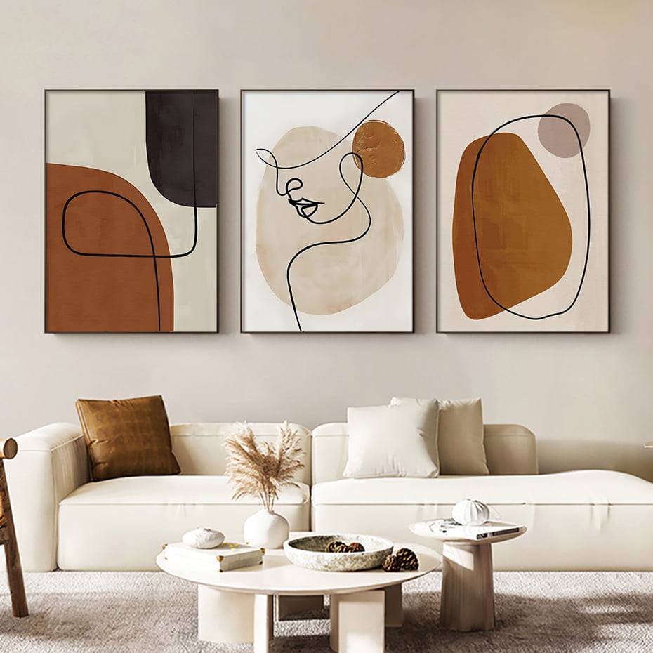 Modern Abstract Neutral Colors Line Art Portrait Wall Art Pictures For Contemporary Living Room