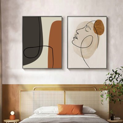 Modern Abstract Neutral Colors Line Art Portrait Wall Art Pictures For Contemporary Living Room