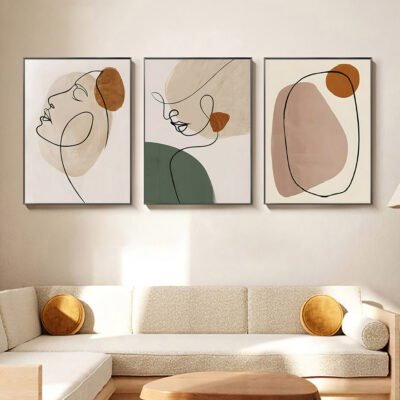 Modern Abstract Neutral Colors Line Art Portrait Wall Art Pictures For Contemporary Living Room